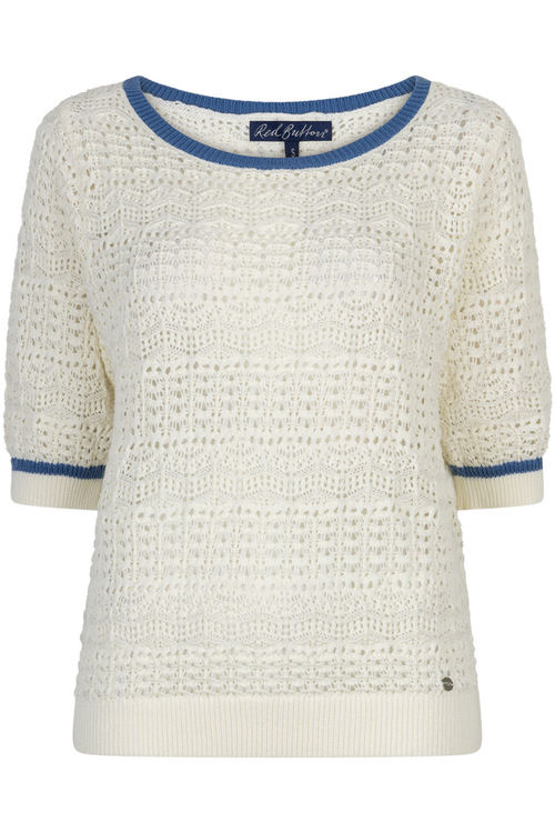 Front view of Red Button SRB4895 Sweet Ajour Offwhite/Blue knit with open stitch, shop Red Button at Dotique