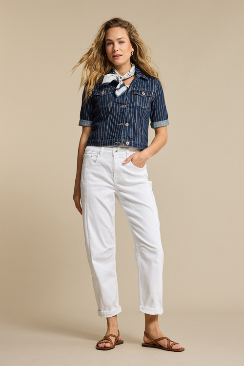 Red Button Caitlina jeans in crisp white with a flattering high-rise and relaxed barrel leg. Soft stretch denim that’s easy to wear all day. Shop at Dotique.