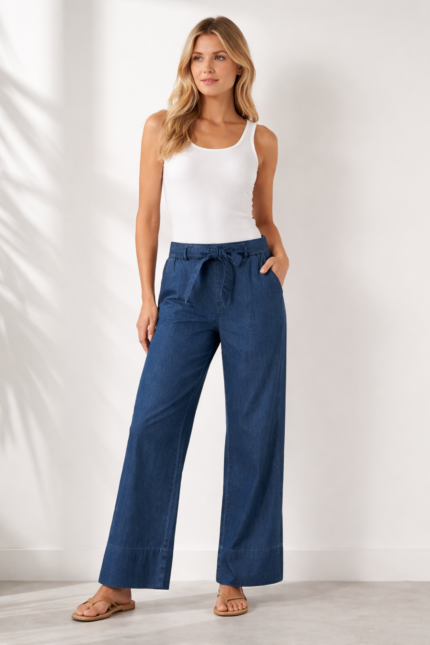 Model wearing Red Button SRB4925 Conny Palazzo Denim Rinse Jeans L27 by Red Button, shop Red Button at Dotique.