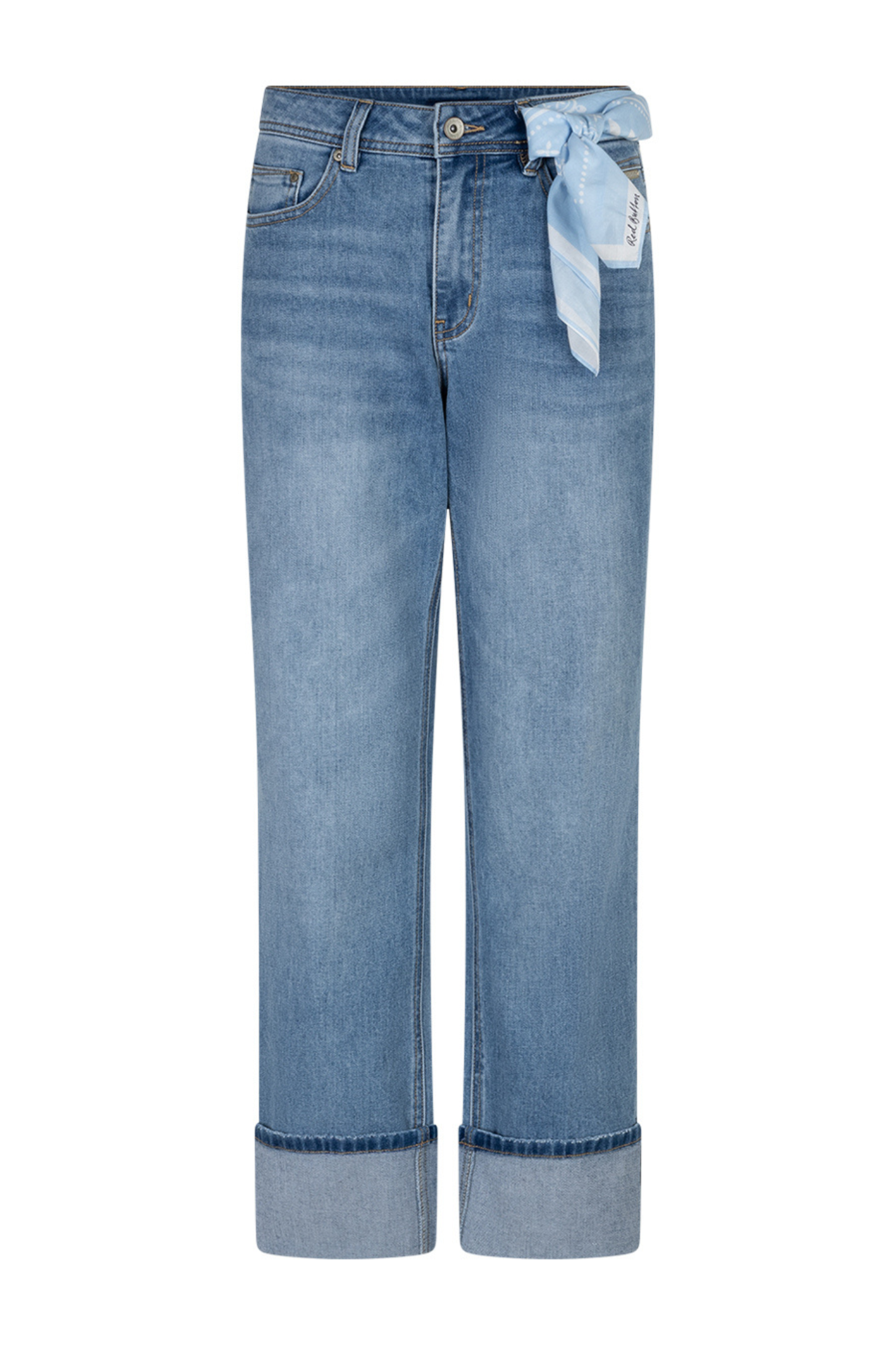 Front view of Red Button SRB4928 Kim High Hem & Scarf Stone Used Jeans with cuffed hem, shop Red Button at Dotique