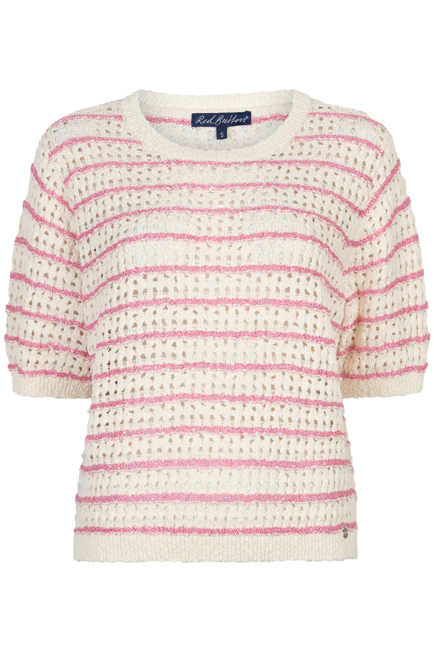 Striped knit top by Red Button in pink. Lightweight, relaxed and easy to wear with jeans or trousers. Shop online at Dotique.