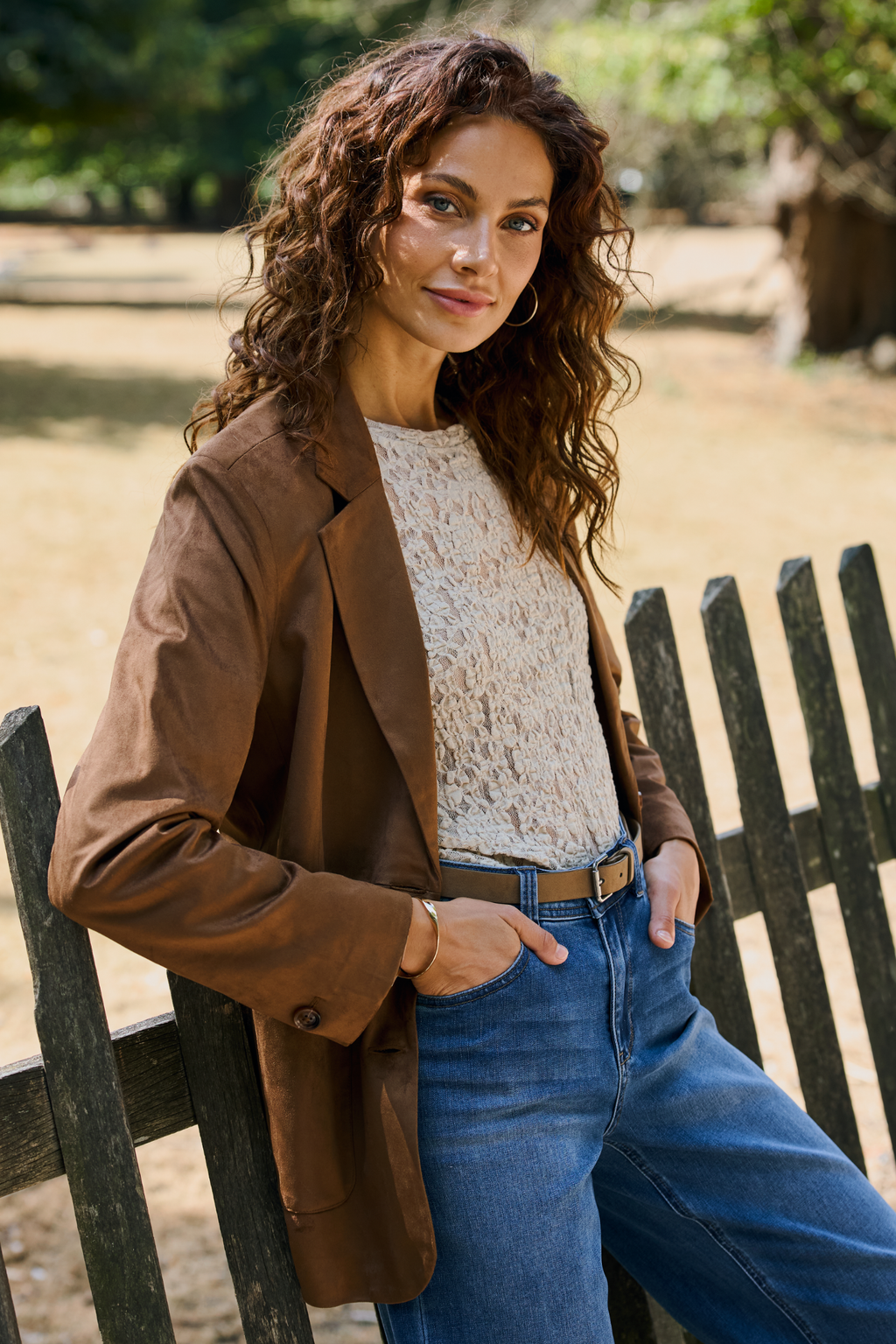 Red Button SRB5015 Blazer Suedine Praline worn by model in brown blazer Shop Red Button at Dotique