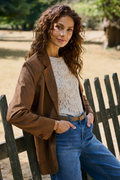 Red Button SRB5015 Blazer Suedine Praline worn by model in brown blazer Shop Red Button at Dotique