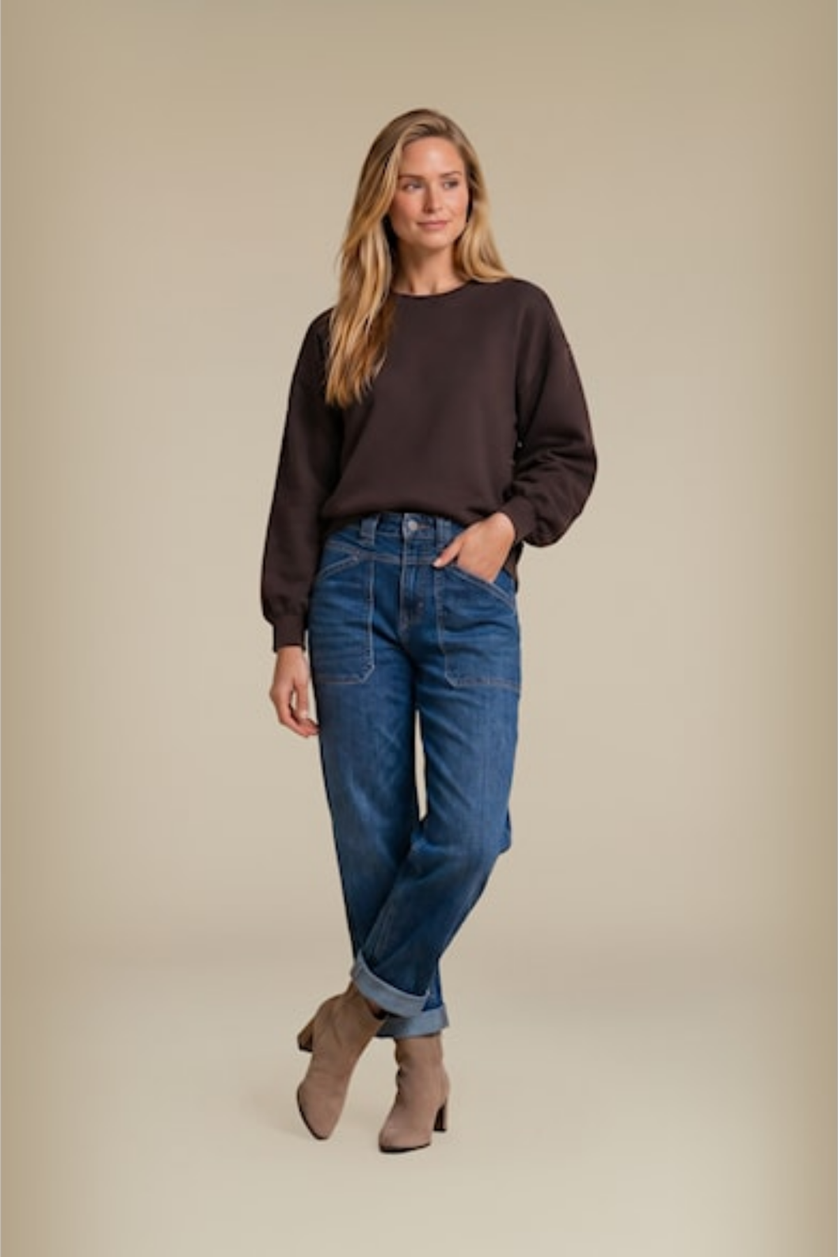 Red Button SRB5173 Casey Dark Stone Used Jeans L32 worn by a model Shop Red Button at Dotique