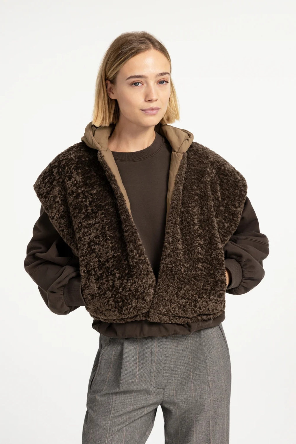 YAYA Reversible Faux Fur Bodywarmer with Hood - Slate Black Brown 02-021009-609