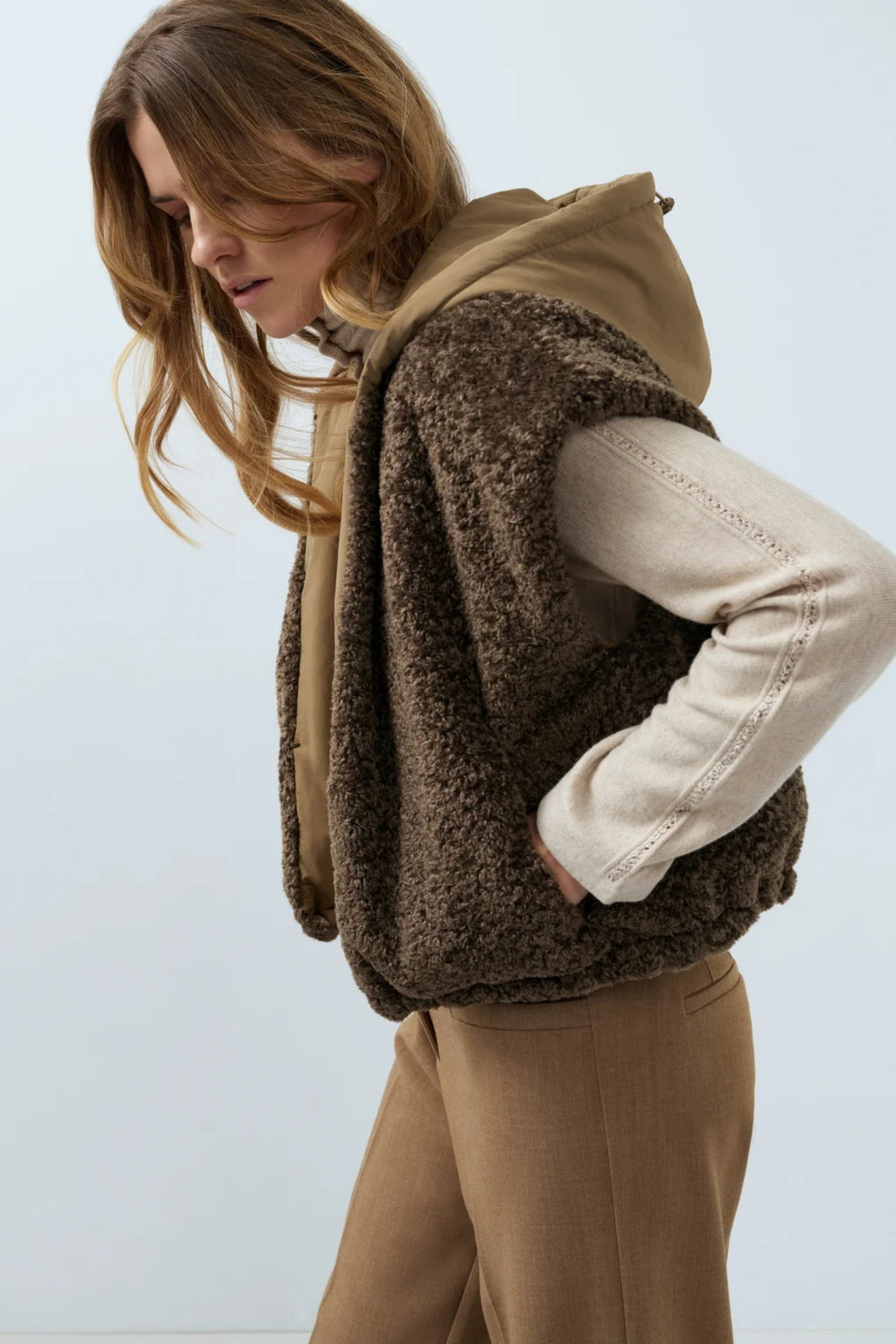 YAYA Reversible Faux Fur Bodywarmer with Hood - Slate Black Brown 02-021009-609