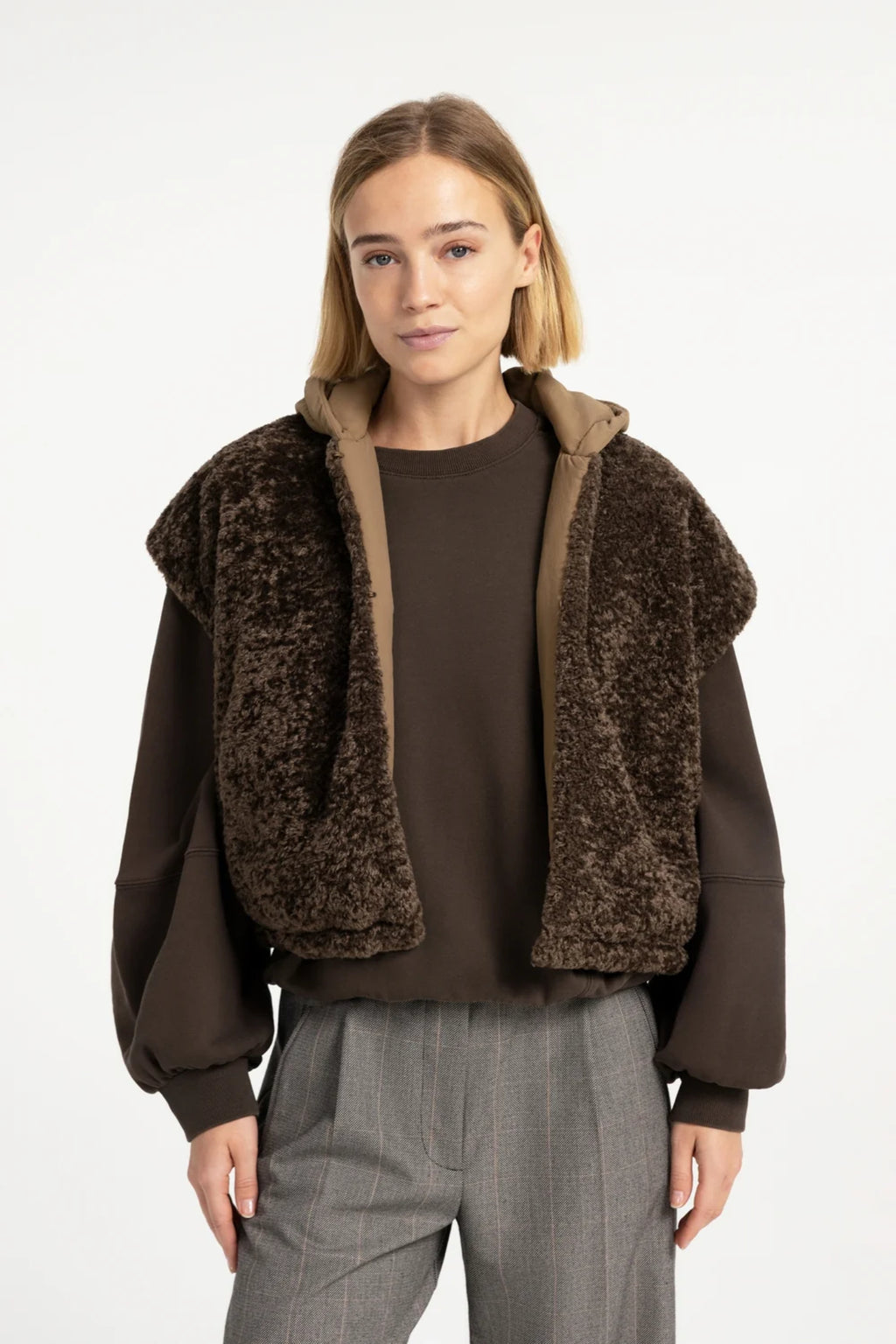 YAYA Reversible Faux Fur Bodywarmer with Hood - Slate Black Brown 02-021009-609