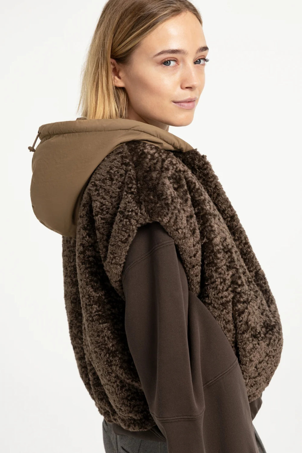 YAYA Reversible Faux Fur Bodywarmer with Hood - Slate Black Brown 02-021009-609