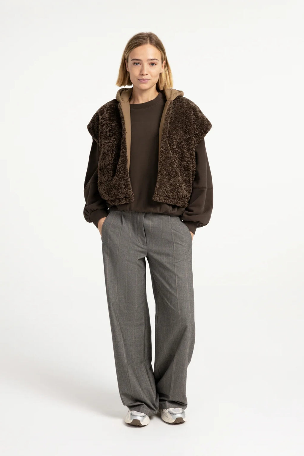 YAYA Reversible Faux Fur Bodywarmer with Hood - Slate Black Brown 02-021009-609