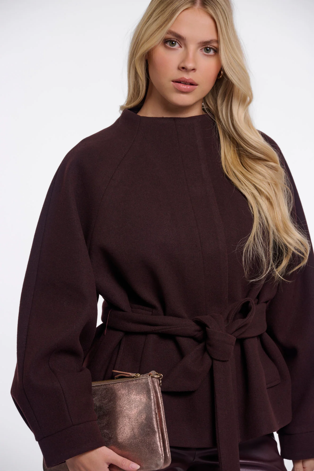 Shop the Rino & Pelle Cornelia Jacket in Chocolate Bean at Dotique. A soft dark brown belted jacket with a button front and side pockets.