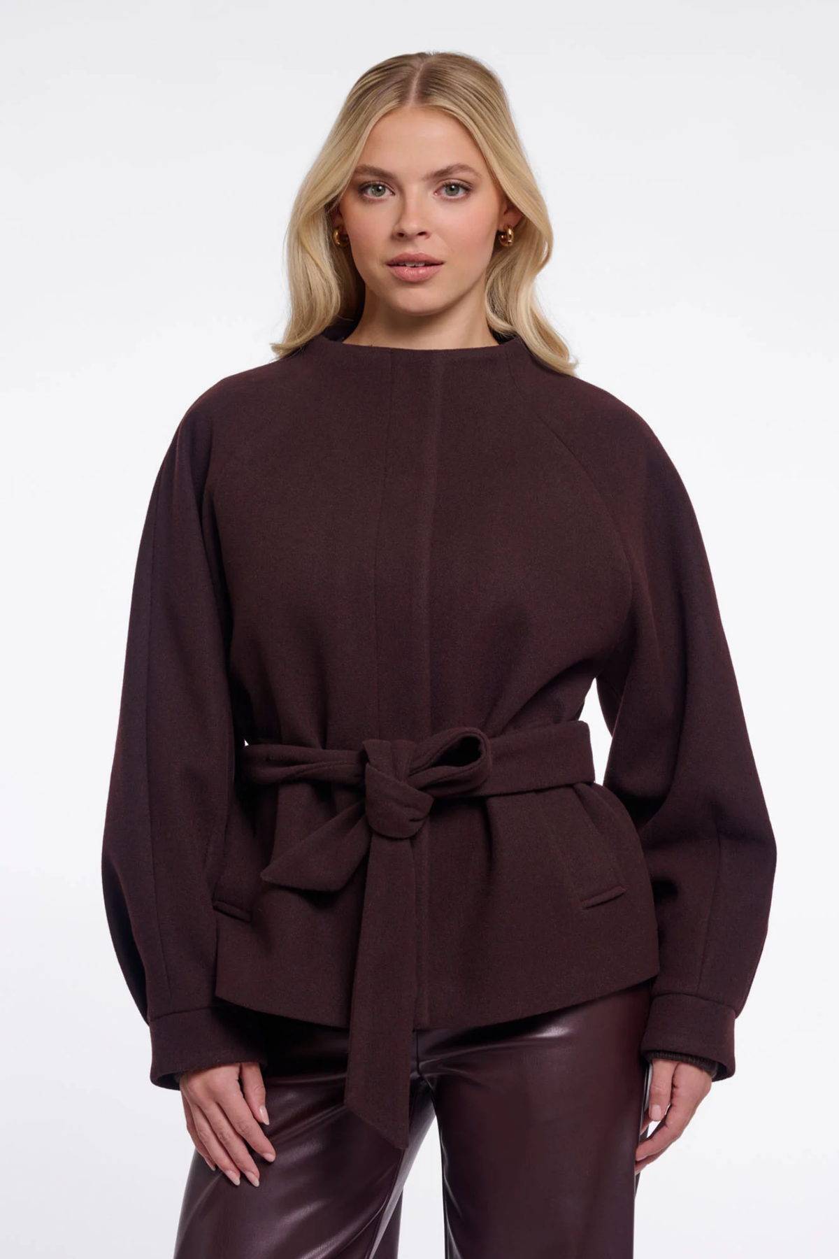 Shop the Rino & Pelle Cornelia Jacket in Chocolate Bean at Dotique. A soft dark brown belted jacket with a button front and side pockets.