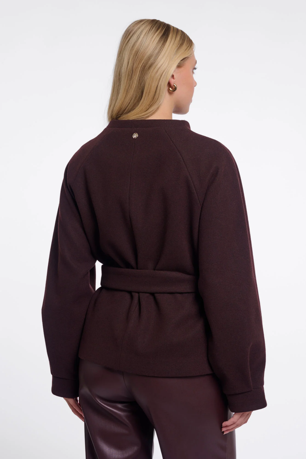 Shop the Rino & Pelle Cornelia Jacket in Chocolate Bean at Dotique. A soft dark brown belted jacket with a button front and side pockets.