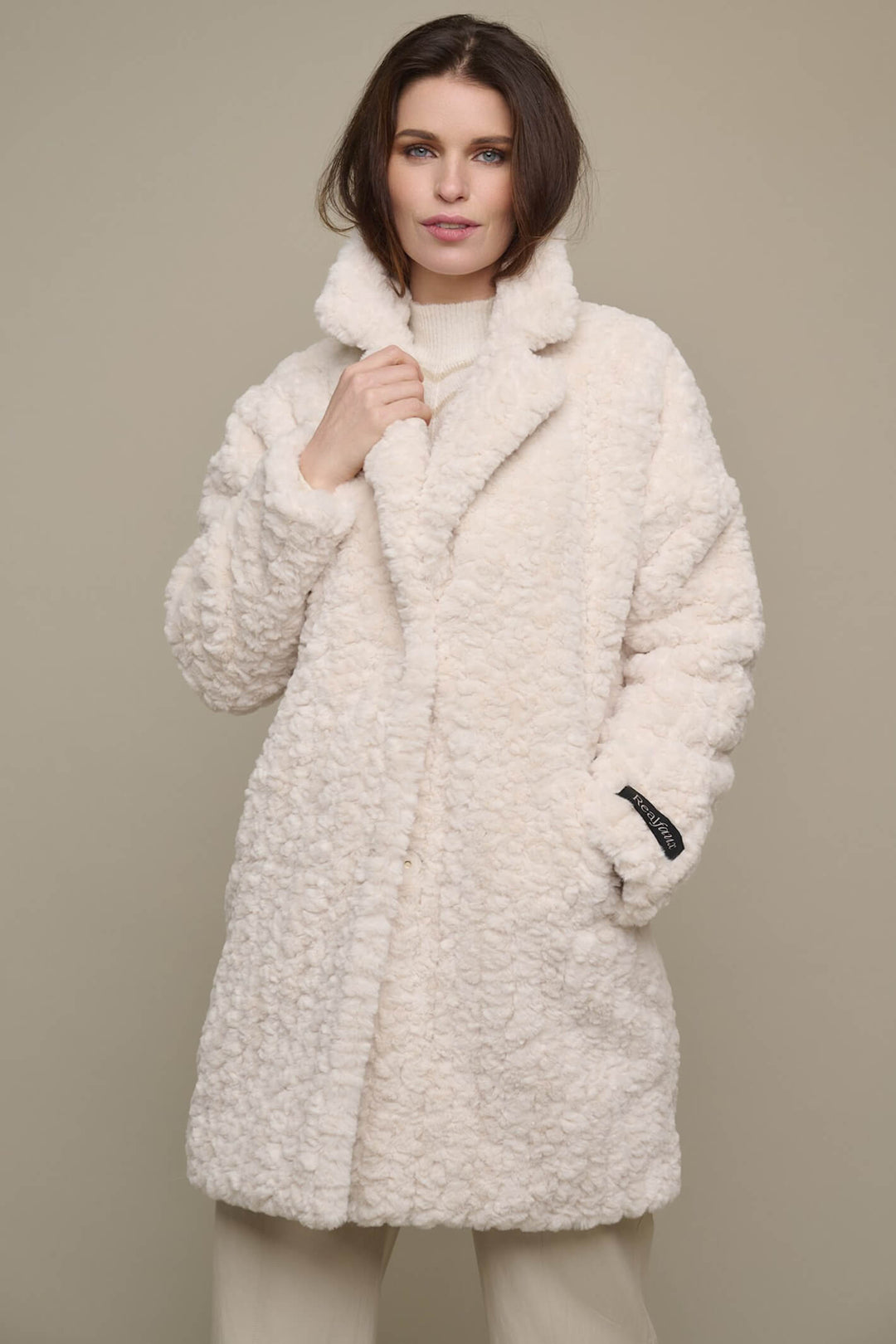 Rino & Pelle Joela 7002310 Dove Cream Faux Fur Single Breasted Coat - Dotique