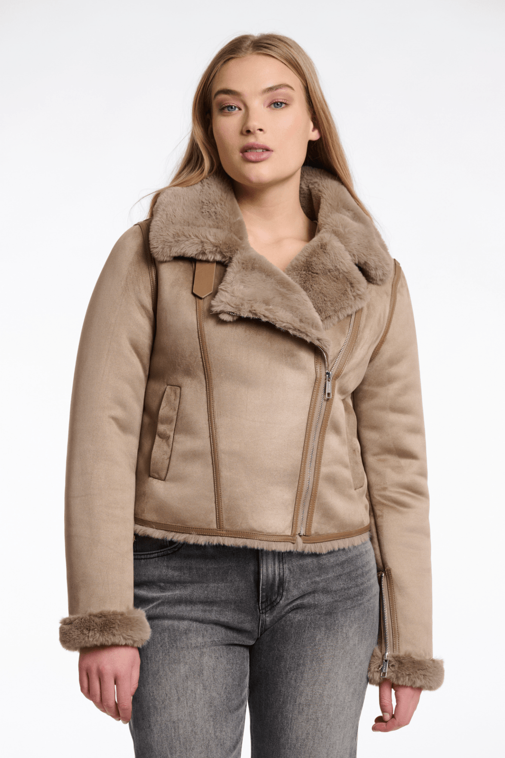 Rino & Pelle Bacia 7002512 Faux Fur Biker Jacket - Toffee - at Dotique