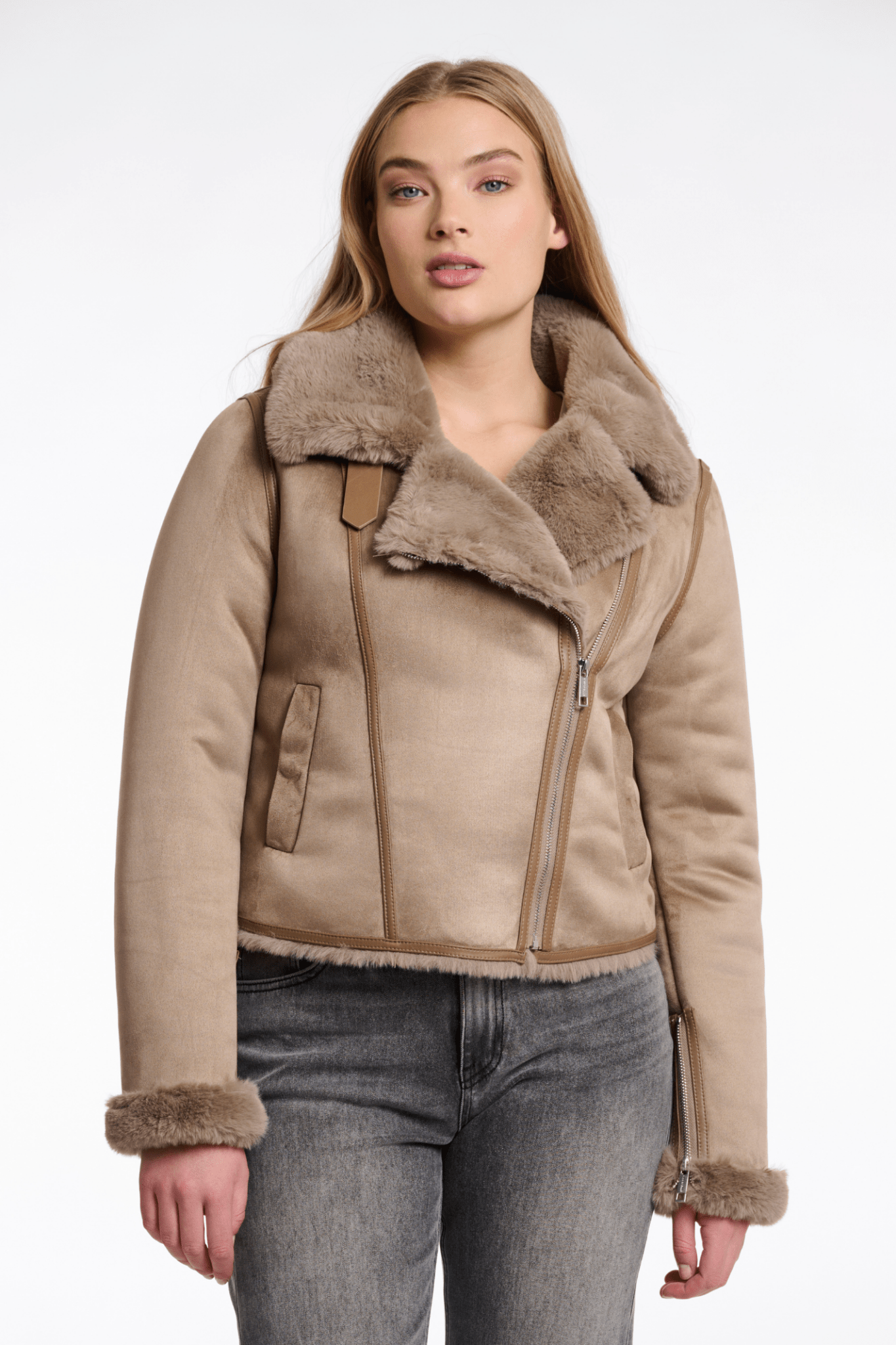 Rino & Pelle Bacia 7002512 Faux Fur Biker Jacket - Toffee - at Dotique