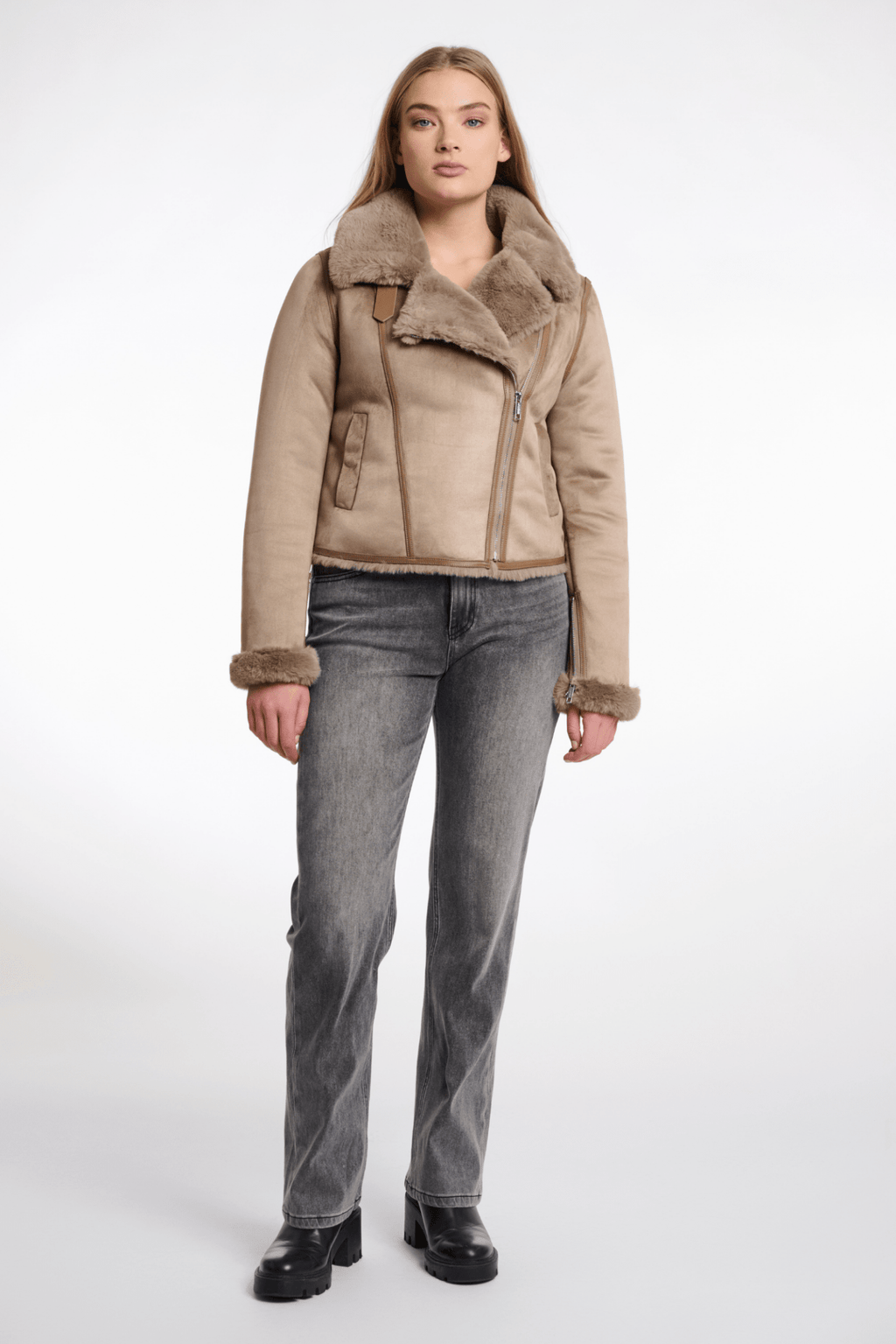 Rino & Pelle Bacia 7002512 Faux Fur Biker Jacket - Toffee - at Dotique