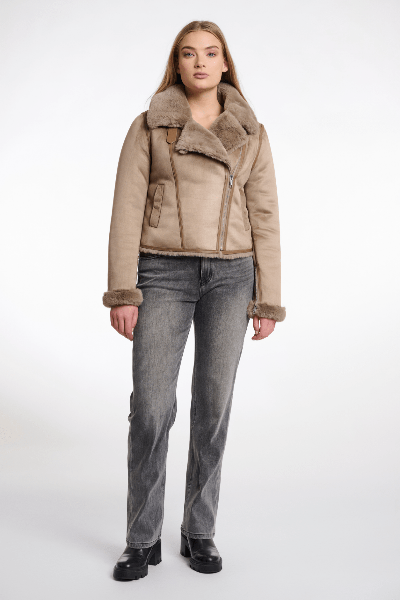 Rino & Pelle Bacia 7002512 Faux Fur Biker Jacket - Toffee - at Dotique