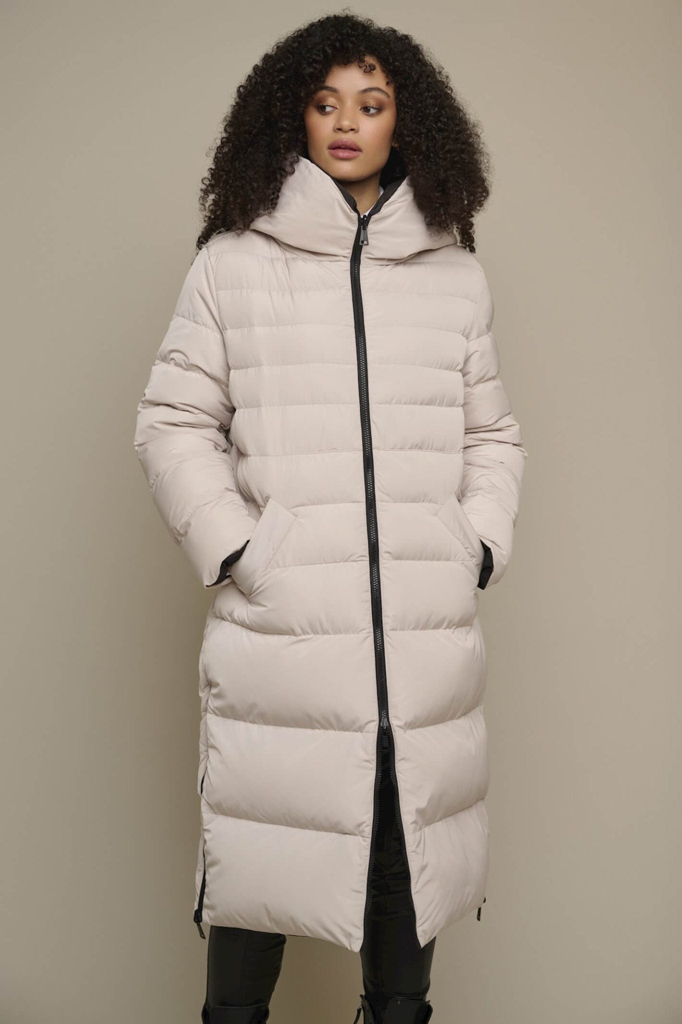 Rino & Pelle Keila 7002310 Stone Black Reversible Long Padded Hooded Coat - Dotique