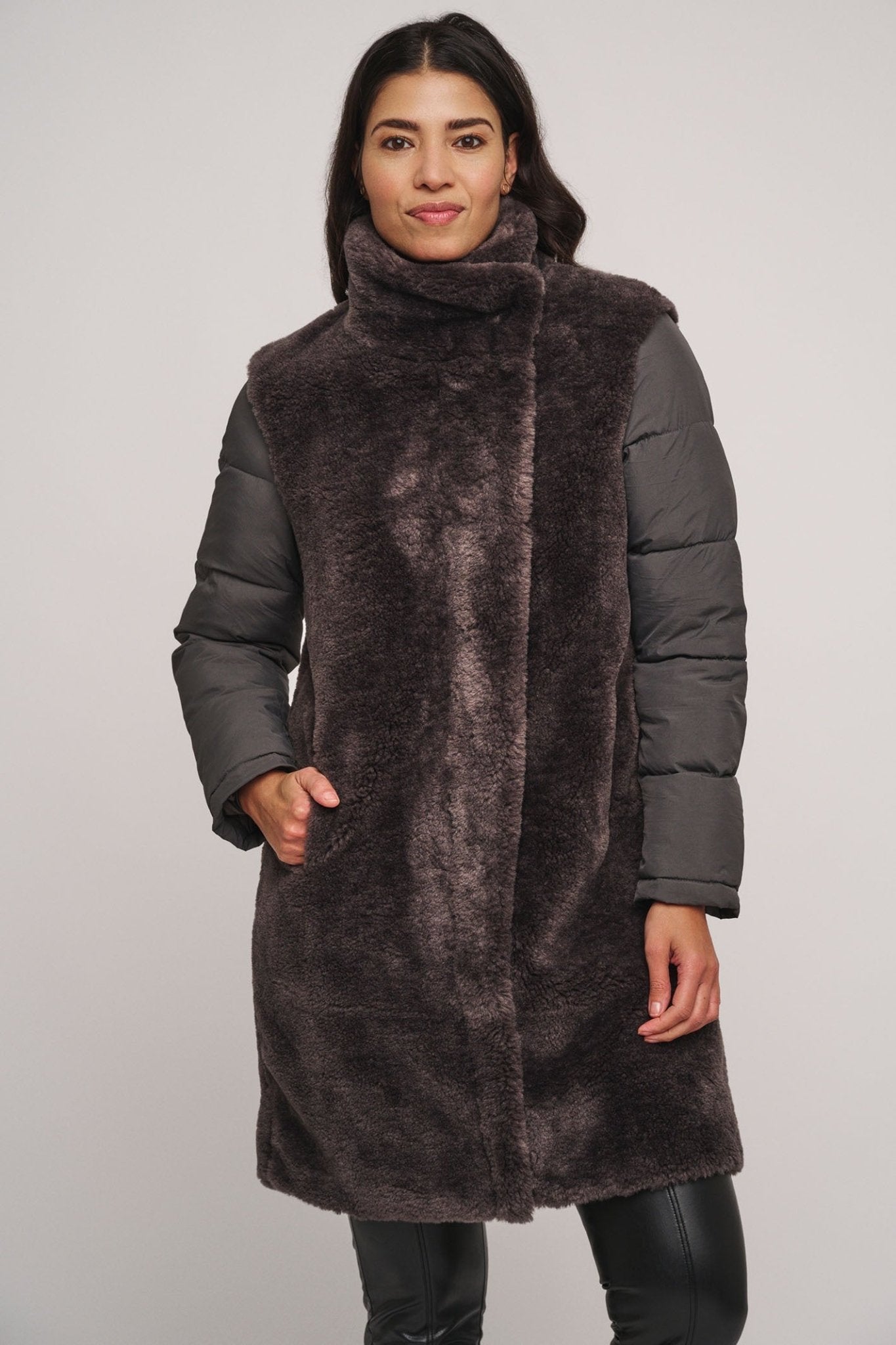 Rino & Pelle Rouke 7002412 Midi Length Faux Fur Coat with Padded Sleeves Graphite - Dotique - Rino & Pelle