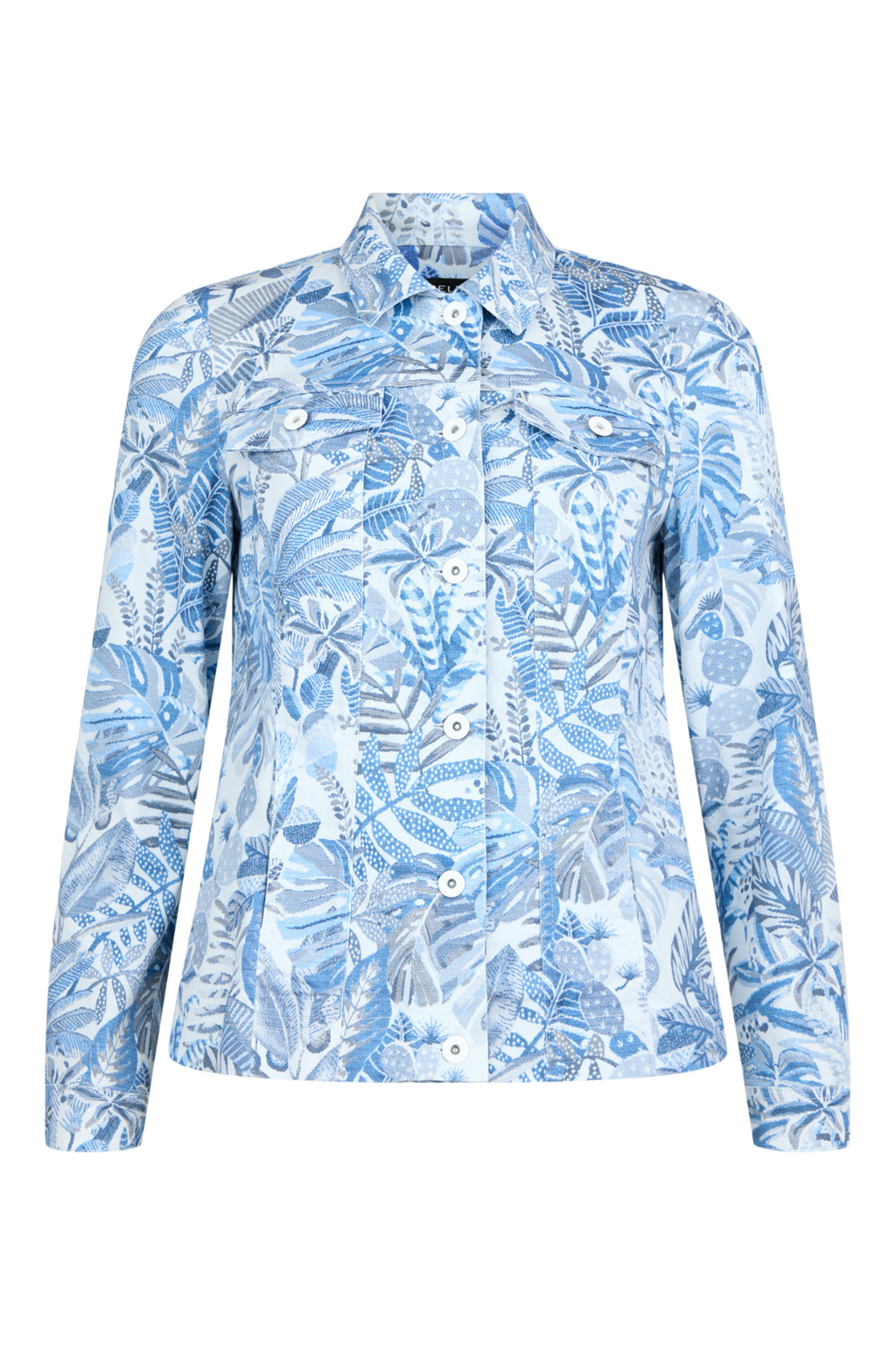 Robell Happy Jacket 57641-55089-62 White and Blue Tropical Print (62) by robell shop robell at Dotique stylish patterned jacket front view