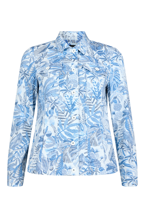 Robell Happy Jacket 57641-55089-62 White and Blue Tropical Print (62) by robell shop robell at Dotique stylish patterned jacket front view