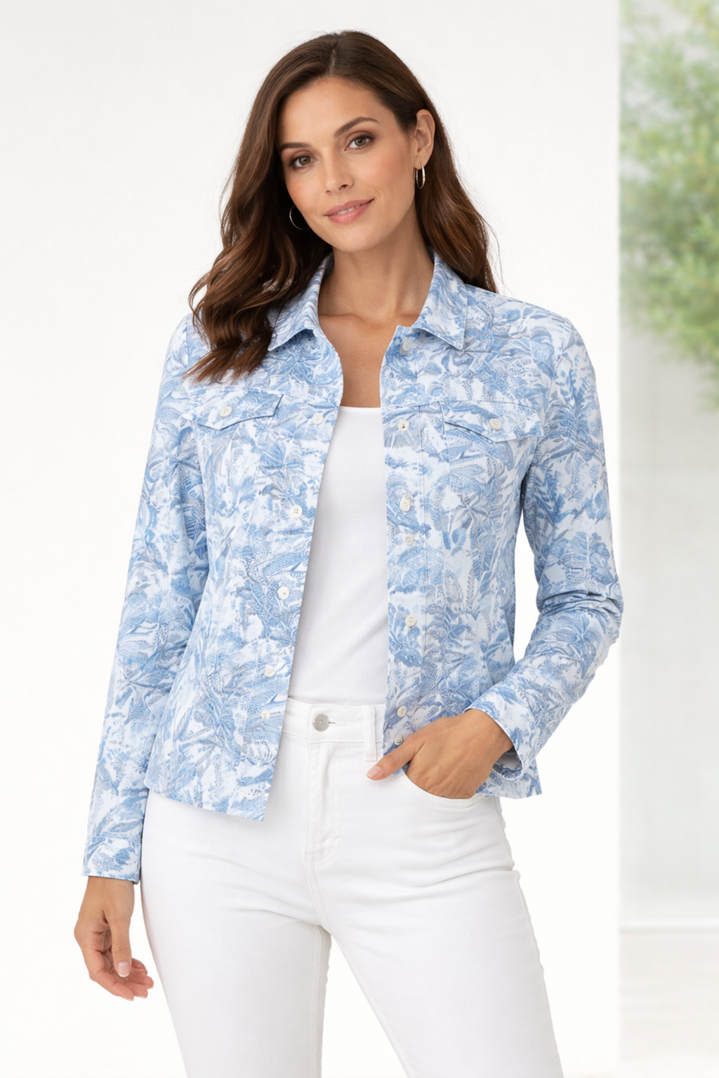 Robell Happy Jacket 57641-55089-62 White and Blue Tropical Print (62) by robell shop robell at Dotique elegant light jacket