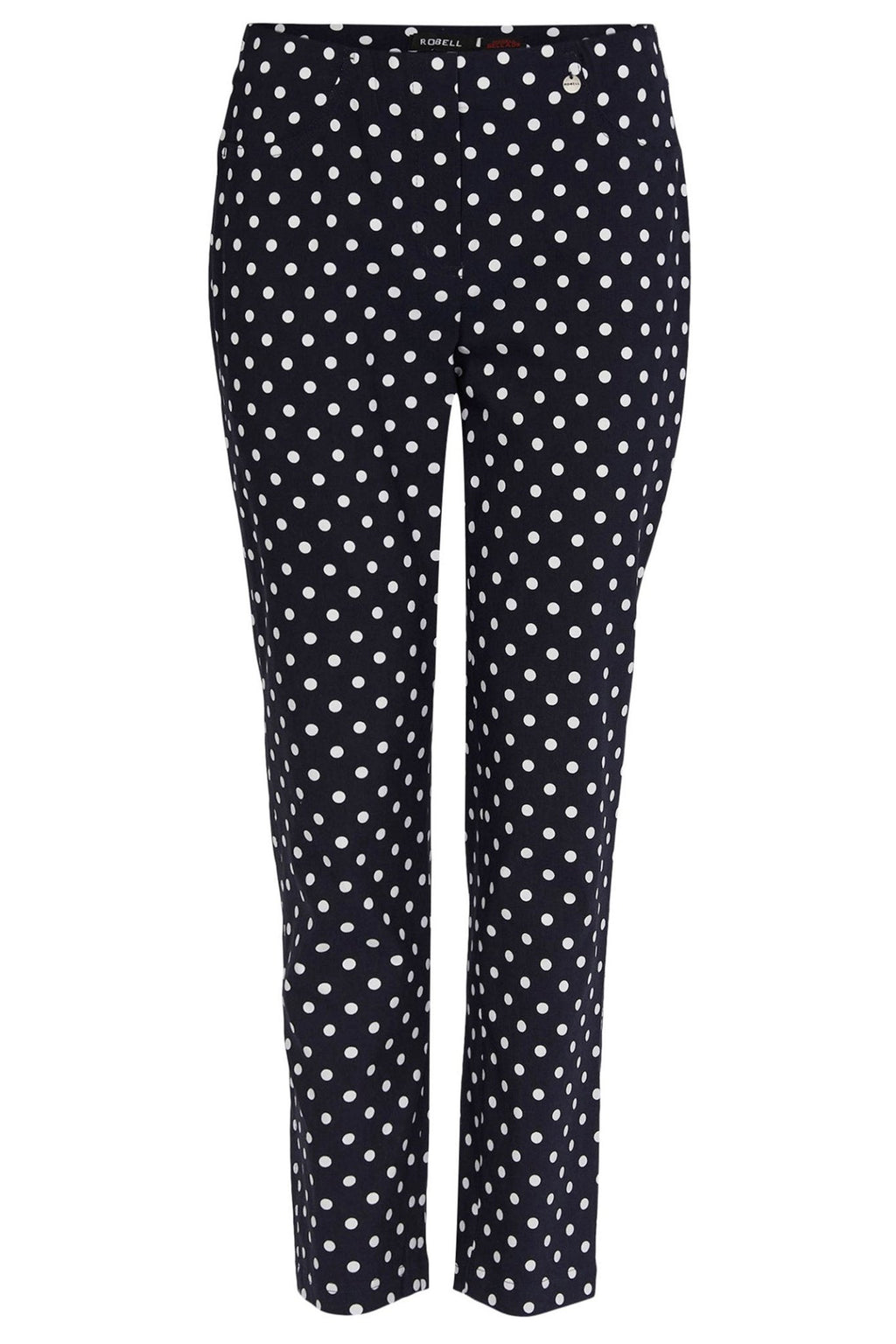 Robell Bella 09 51560 54570 69 Navy White Polka Dot Slim Fit Ankle Grazer Trousers 68cm - Dotique