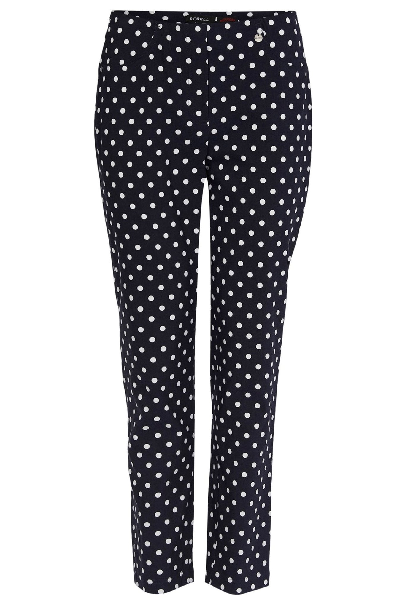Robell Bella 09 51560 54570 69 Navy White Polka Dot Slim Fit Ankle Grazer Trousers 68cm - Dotique