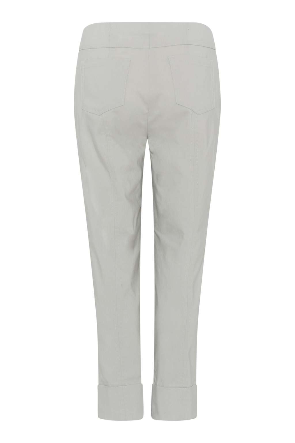 Back view of cream-colored tailored stretch trousers with elastic waistband and cuffed hems on white background