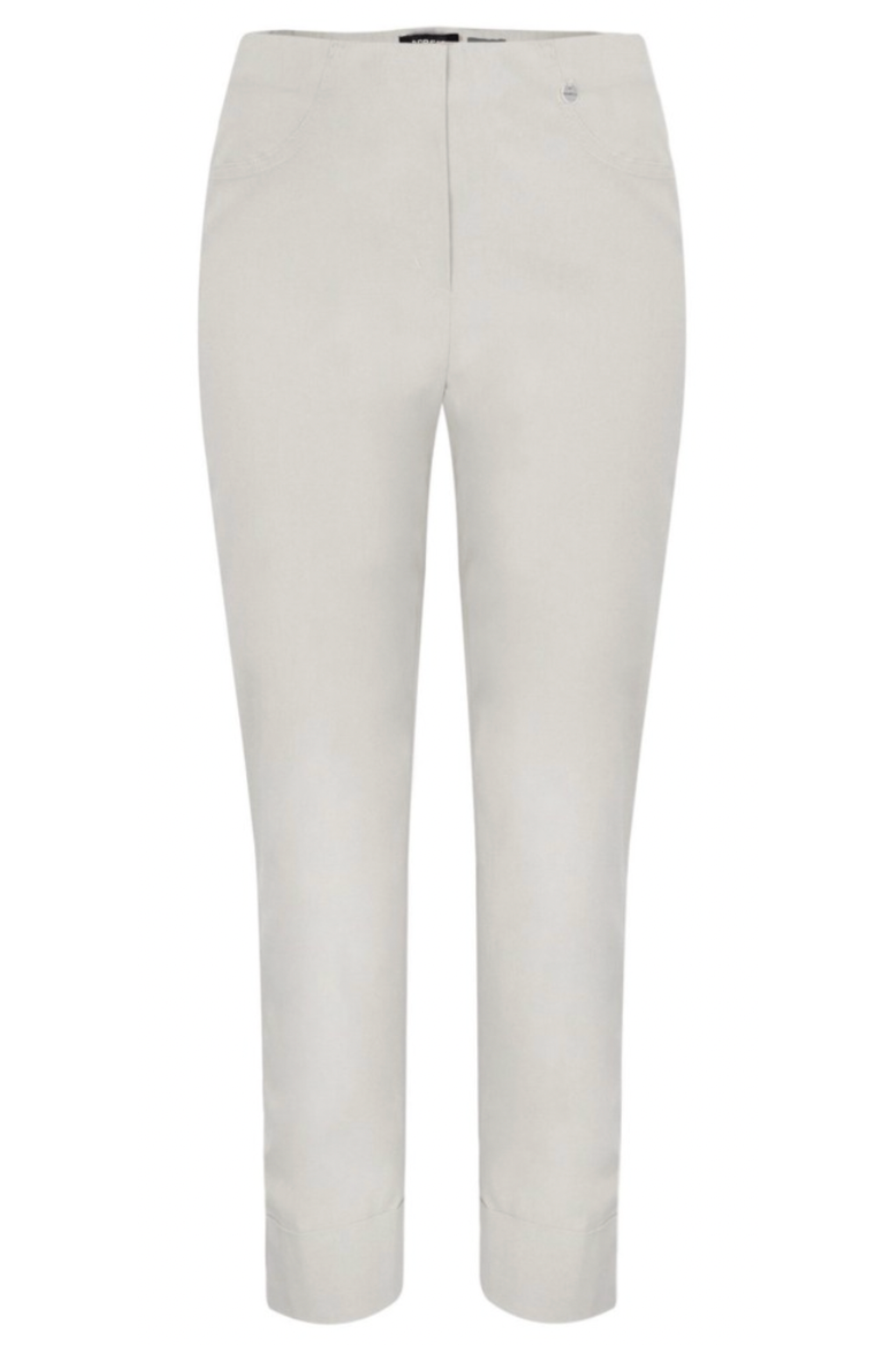 Cream-colored women's tailored stretch trousers with elastic waistband and front pockets on white background