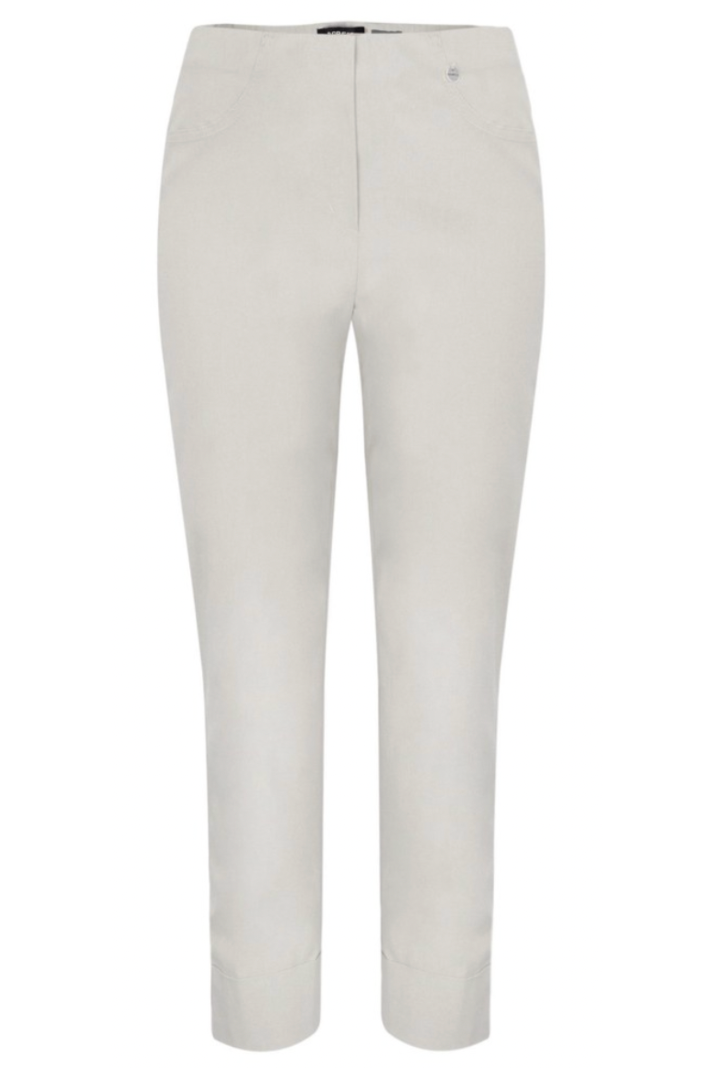 Cream-colored women's tailored stretch trousers with elastic waistband and front pockets on white background
