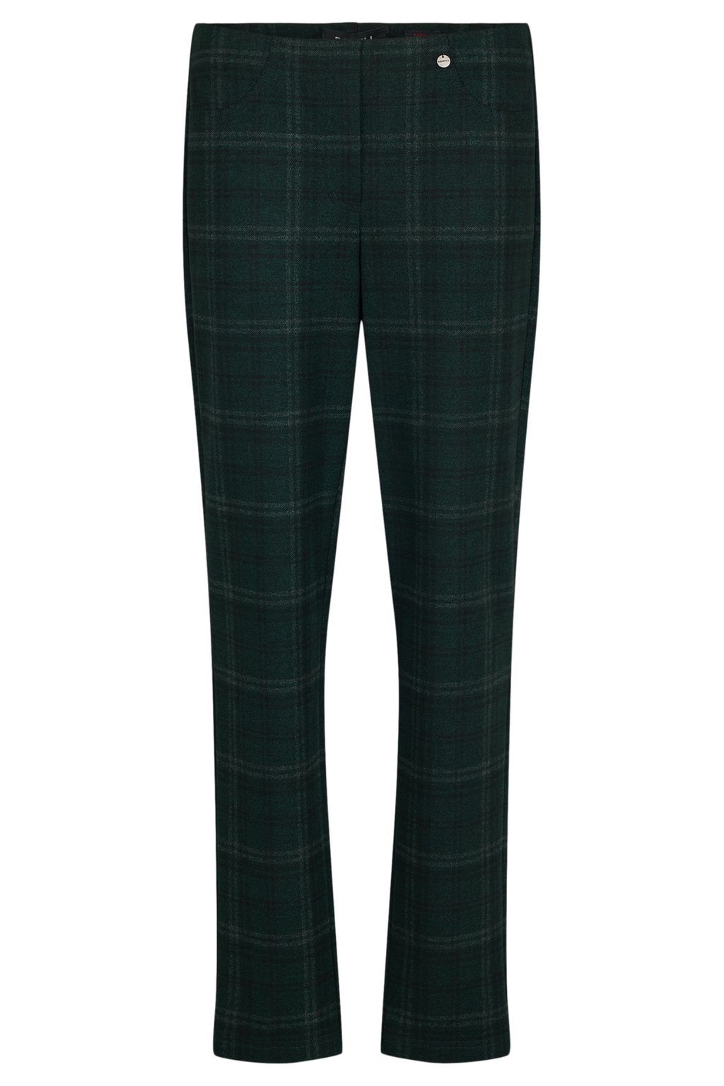 Robell Bella 78cm pull-on trousers in dark olive check with slim straight leg and elasticated waistband.