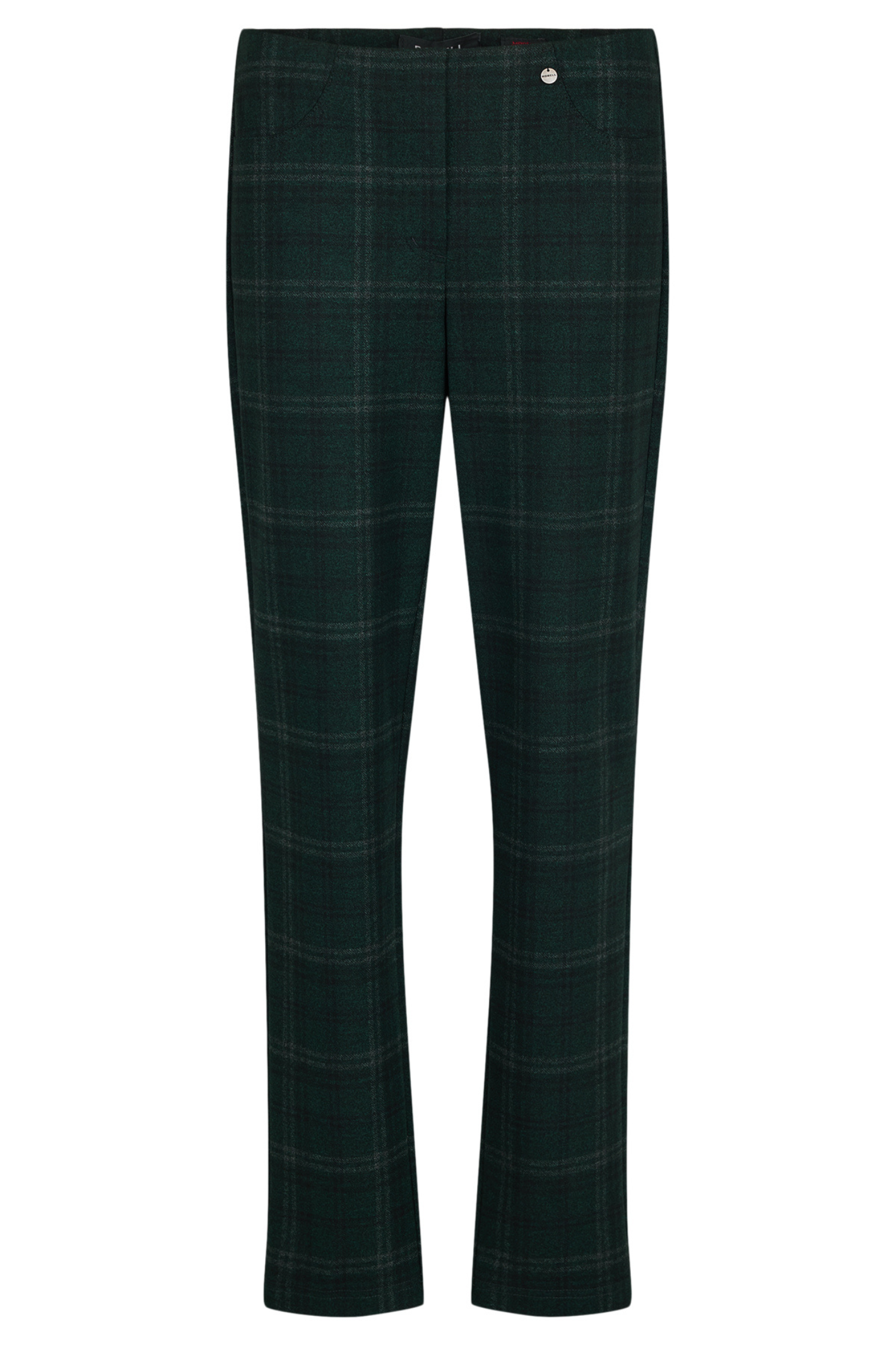 Robell Bella 78cm pull-on trousers in dark olive check with slim straight leg and elasticated waistband.