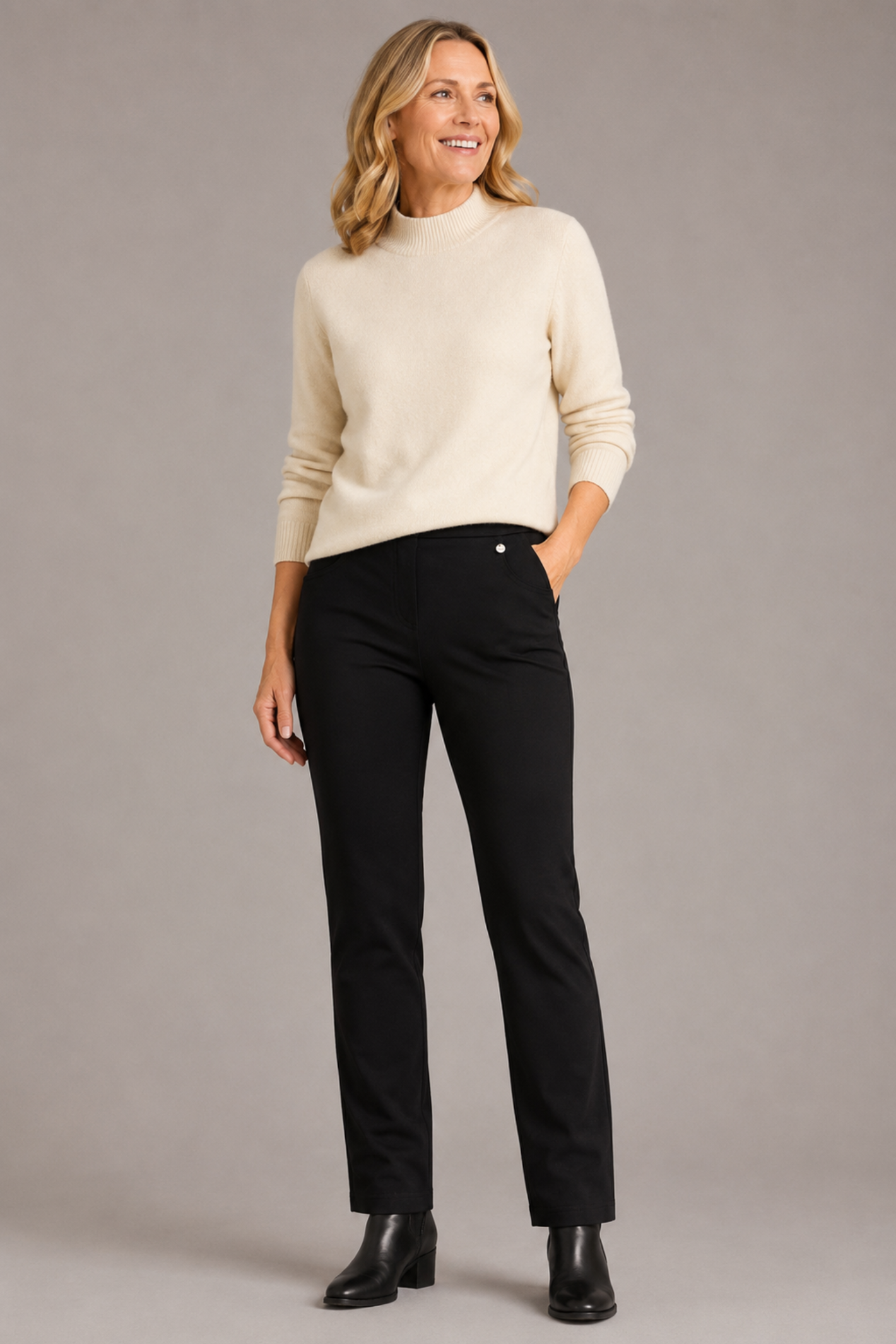 Robell Bella K black pull-on trousers with straight leg fit, elasticated waistband and soft winter jersey fabric, 73cm length.