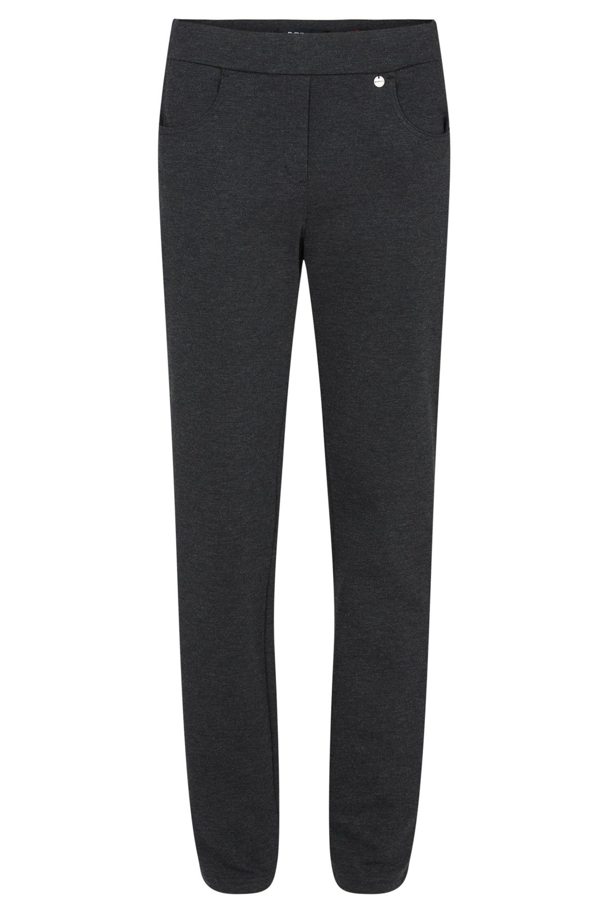 Robell Bella K dark grey pull-on straight leg trousers in stretch winter jersey fabric with 73cm inside leg — Shop Robell at Dotique