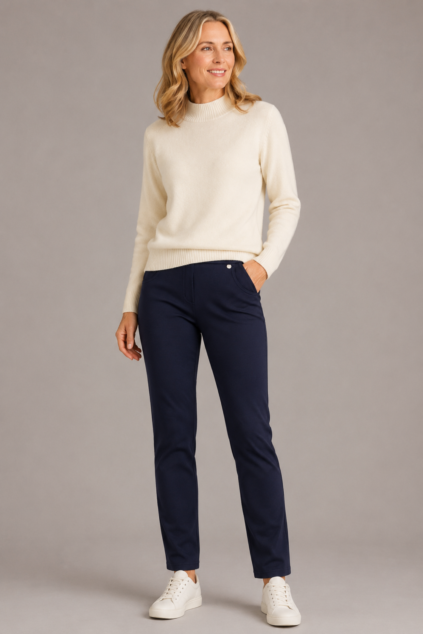 Robell Bella K navy pull-on trousers with straight leg fit, elasticated waistband and soft winter jersey fabric, 73cm length.