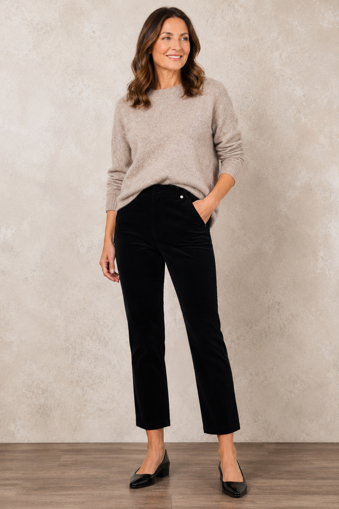 Robell Bella K black velvet cord trousers with straight leg fit, elasticated waist and 73cm inside leg.