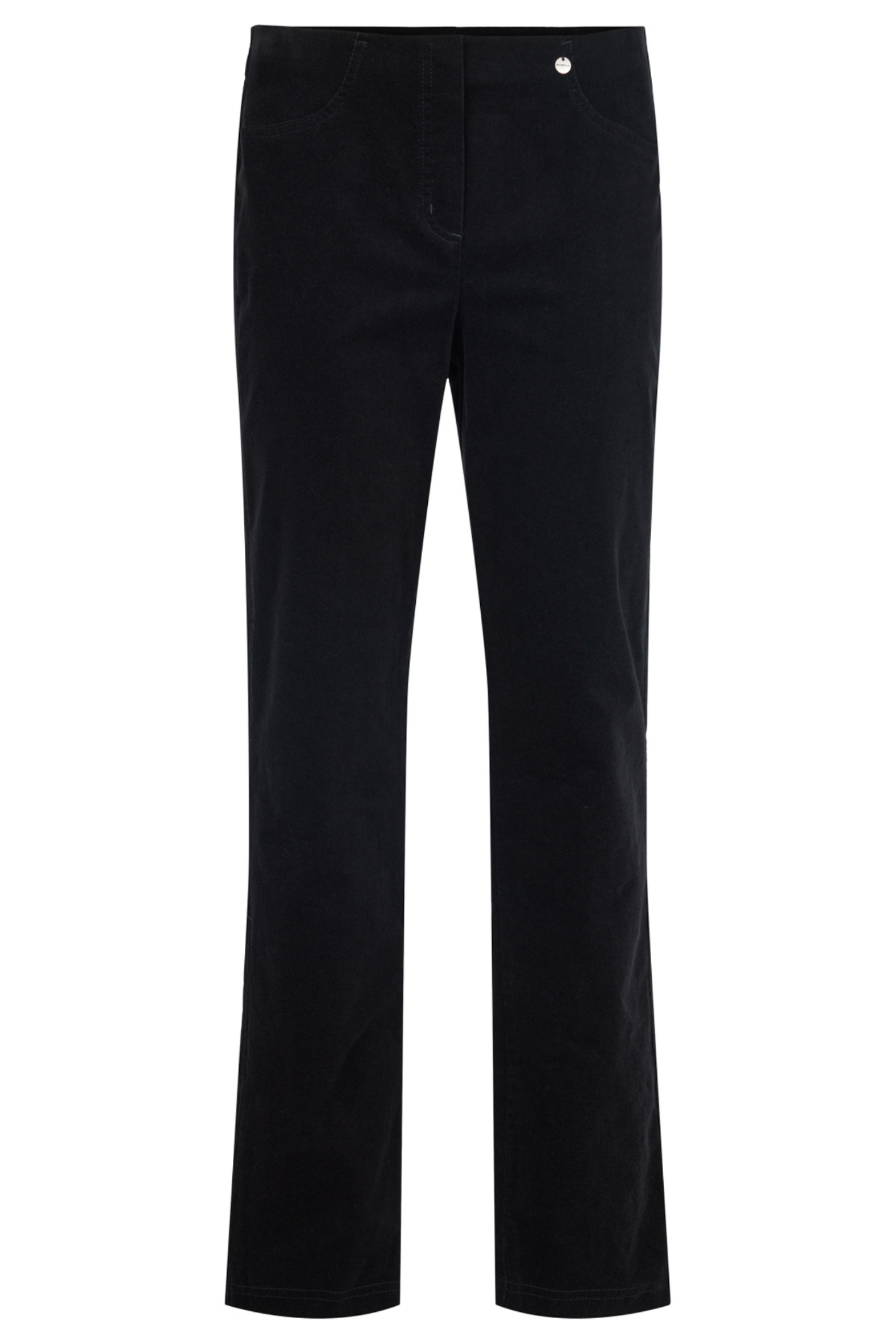 Robell Bella K black velvet cord trousers with straight leg fit, elasticated waist and 73cm inside leg.