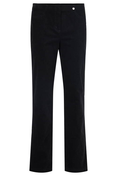 Robell Bella K black velvet cord trousers with straight leg fit, elasticated waist and 73cm inside leg.
