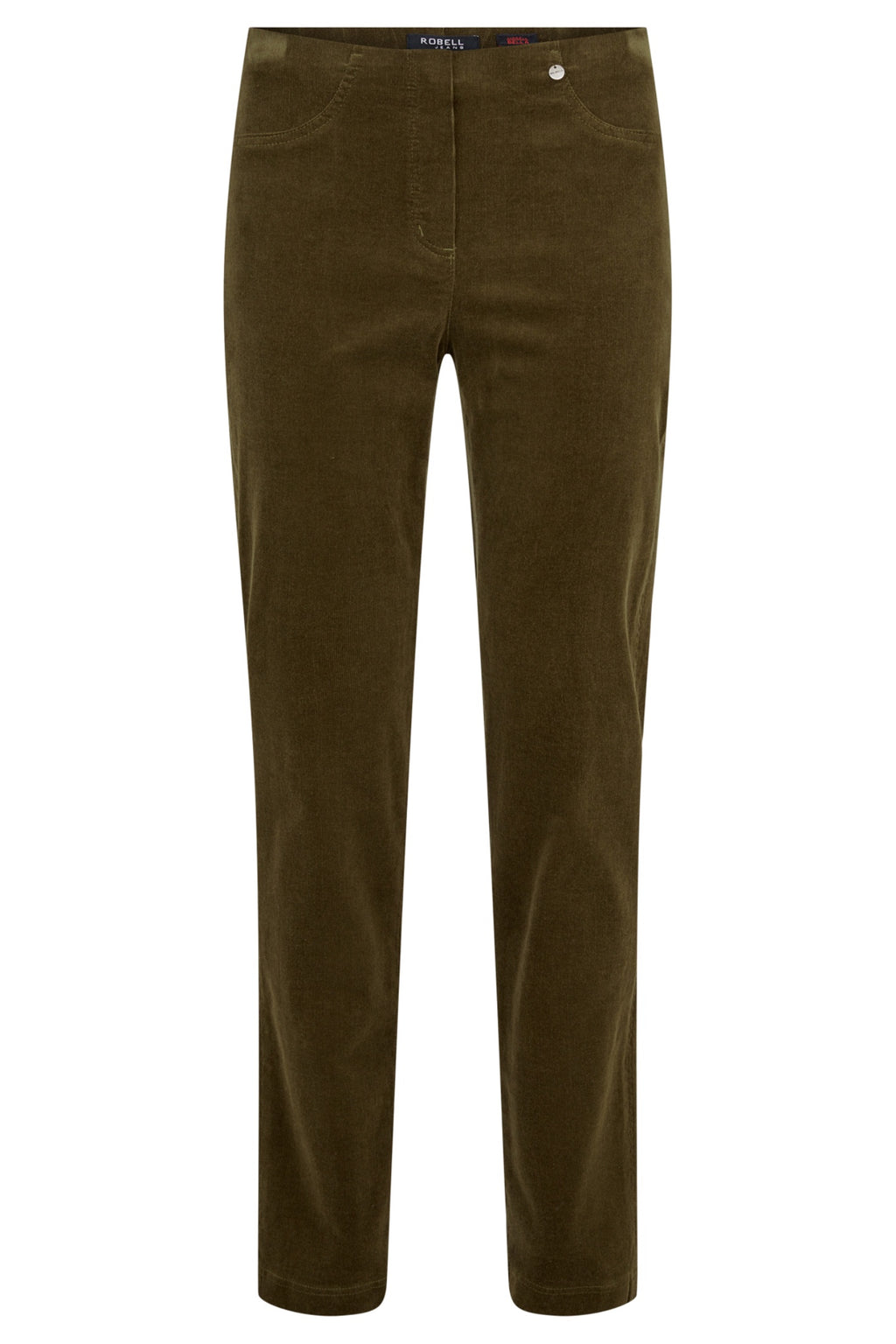 Robell Bella K olive velvet cord trousers with straight leg fit, elasticated waist and 73cm inside leg.
