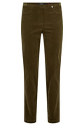 Robell Bella K olive velvet cord trousers with straight leg fit, elasticated waist and 73cm inside leg.