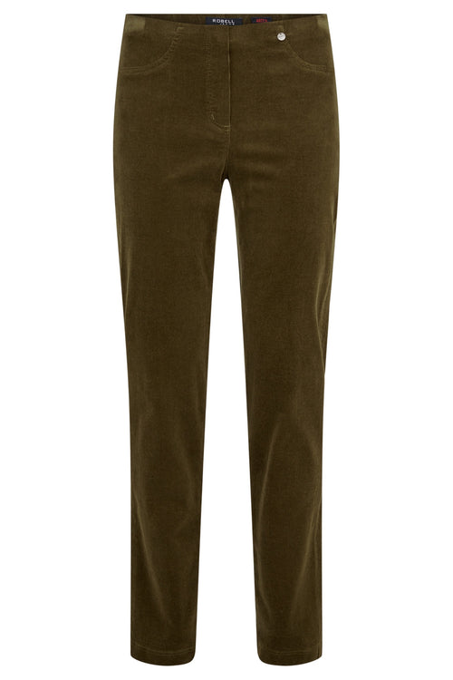 Robell Bella K olive velvet cord trousers with straight leg fit, elasticated waist and 73cm inside leg.