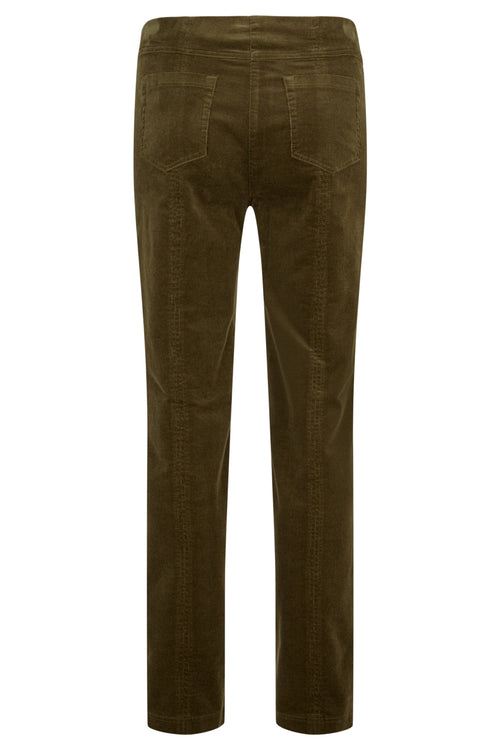 Robell Bella K olive velvet cord trousers with straight leg fit, elasticated waist and 73cm inside leg.