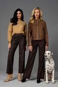 Robell Efi 78cm wide leg checked trousers in dark brown with pull-on waistband and stretch fabric.