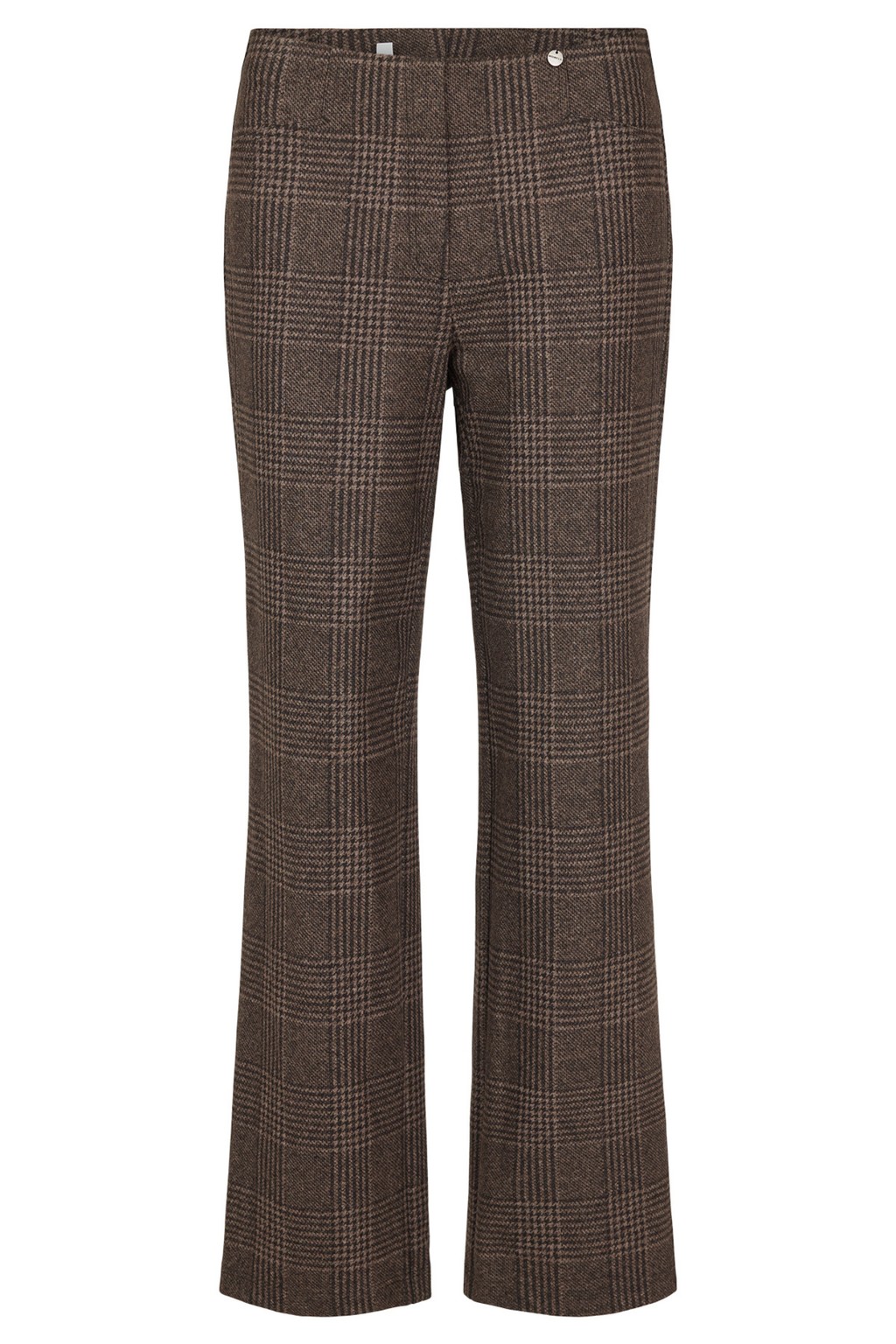 Robell Efi 78cm wide leg checked trousers in dark brown with pull-on waistband and stretch fabric.