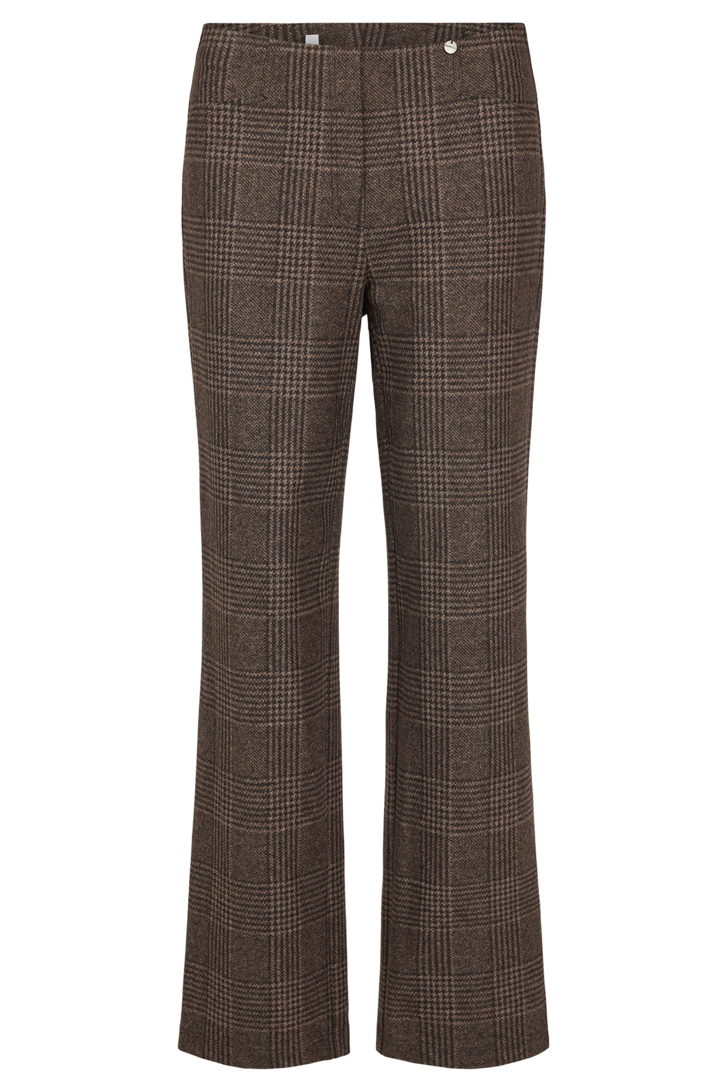Robell Efi 78cm wide leg checked trousers in dark brown with pull-on waistband and stretch fabric.