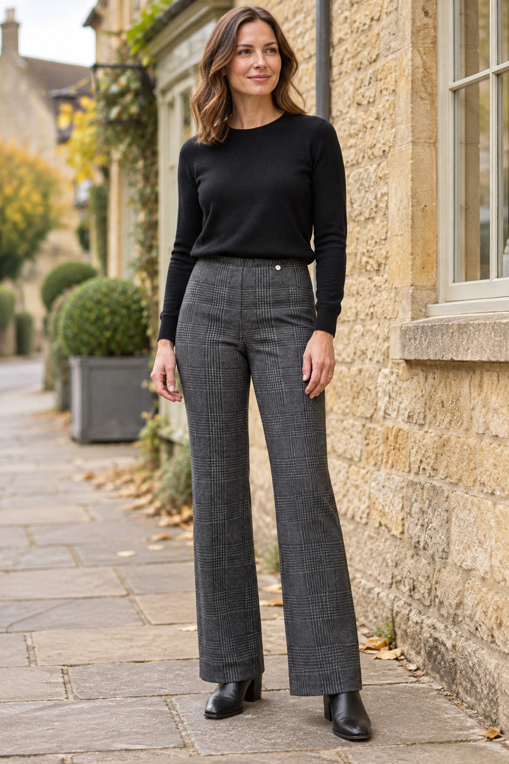 Robell Efi Check (78cm) trousers in grey, model view, 51463-55215-95. Shop Robell at Dotique.