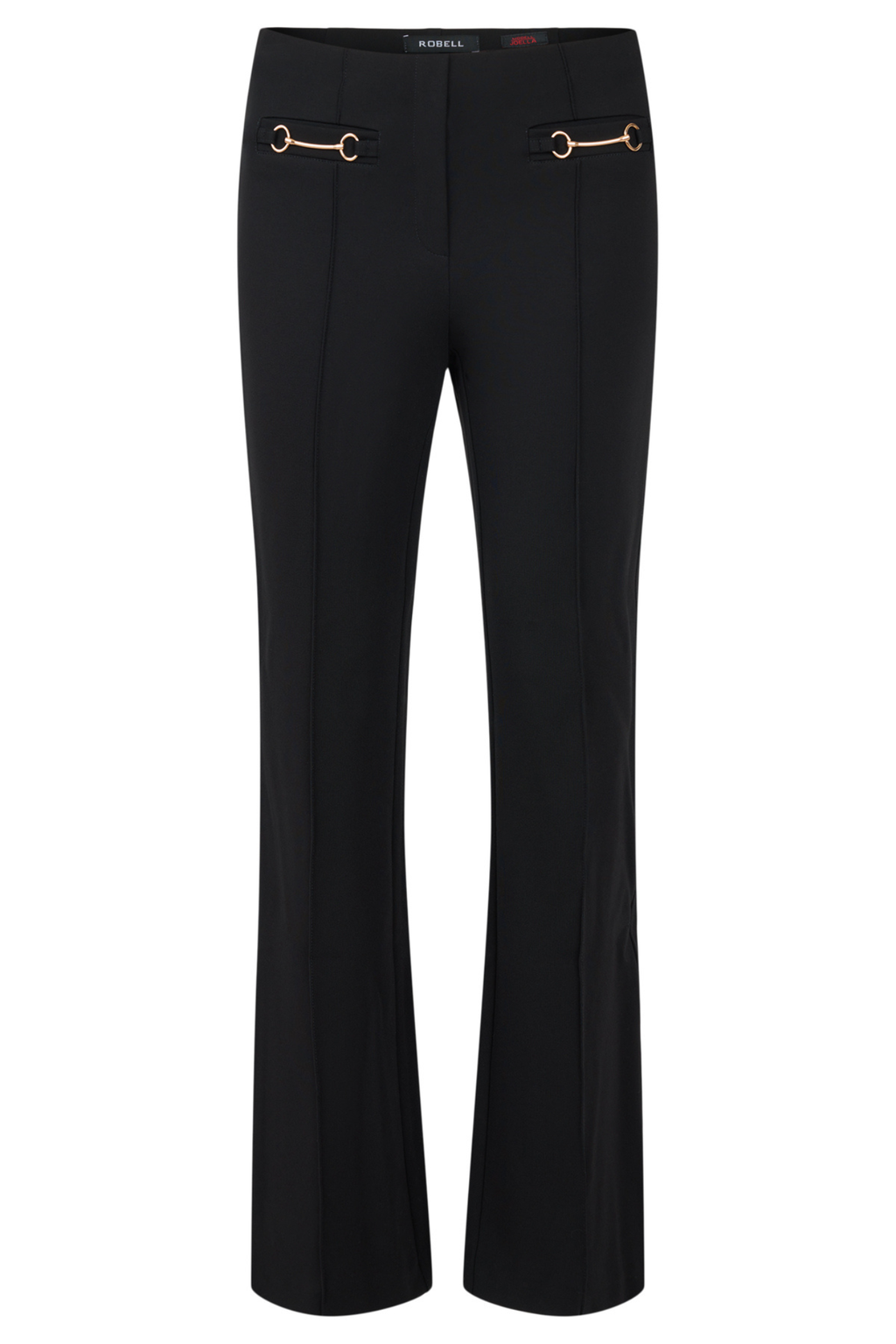 Robell Joella 82cm black flared trousers with gold horsebit detail and pull-on elasticated waistband.