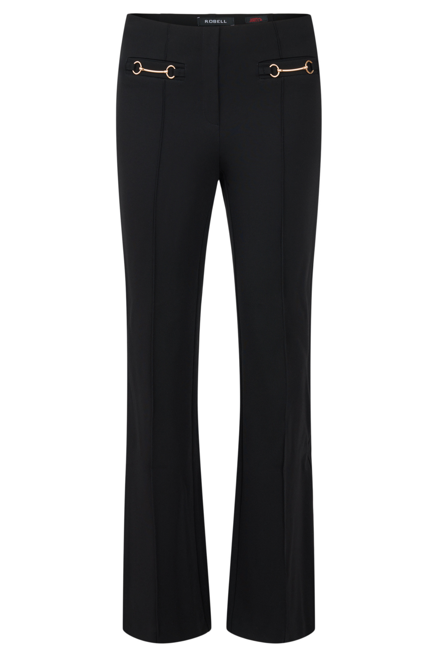 Robell Joella 82cm black flared trousers with gold horsebit detail and pull-on elasticated waistband.
