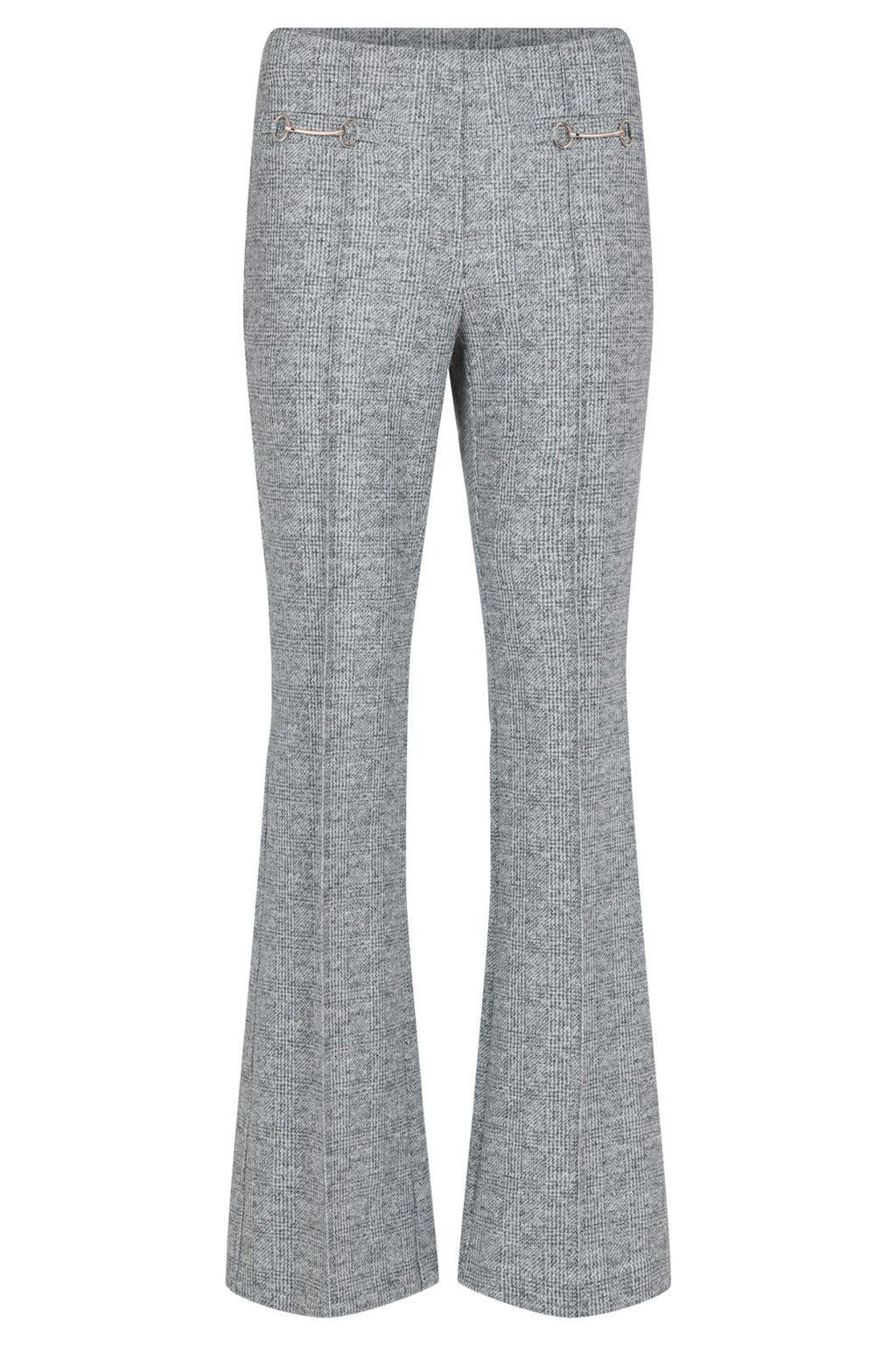 Robell Joella 82cm silver check flared trousers with pull-on waistband and slim fit through the hips and thighs.